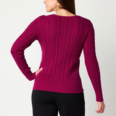 St. John's Bay Womens V Neck Long Sleeve Cable Knit Pullover Sweater, Petite Xx-large, Pink