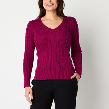 St. John's Bay Womens V Neck Long Sleeve Cable Knit Pullover Sweater, Petite Xx-large, Pink