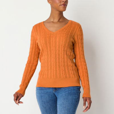John's Bay Womens V Neck Long Sleeve Cable Knit Pullover