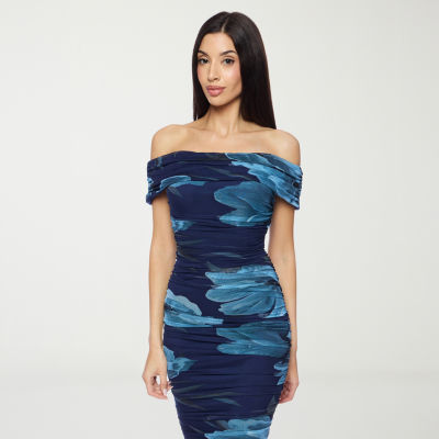 Premier Amour Womens Off The Shoulder Short Sleeve Floral Midi Sheath Dress