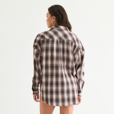 Arizona Womens Long Sleeve Oversized Juniors Button-Down Shirt