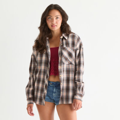 Arizona Womens Long Sleeve Oversized Juniors Button-Down Shirt
