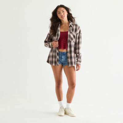Arizona Womens Long Sleeve Oversized Juniors Button-Down Shirt