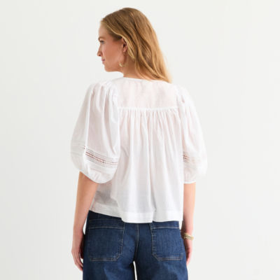 a.n.a Eyelet Womens Round Neck Short Sleeve Blouse