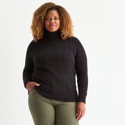 St. John's Bay Plus Womens Turtleneck Long Sleeve Cable Knit Pullover Sweater