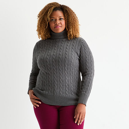 St. John's Bay Plus Womens Turtleneck Long Sleeve Cable Knit Pullover Sweater In Gray