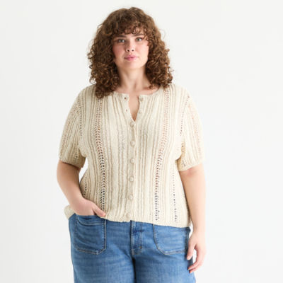 a.n.a Plus Womens Crew Neck Short Sleeve Button Cardigan