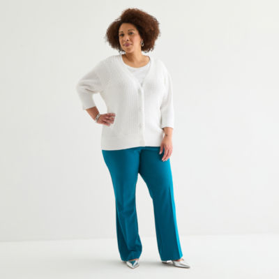 Liz Claiborne Plus Womens V Neck Elbow Sleeve Button Cardigan