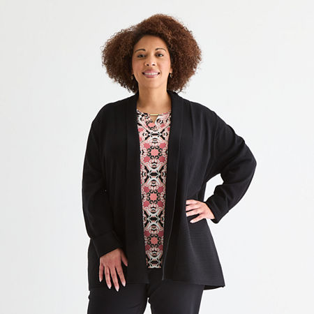 Liz Claiborne Plus Womens Long Sleeve Open Front Cardigan, 2x, Black