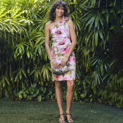 Jessica Howard Womens One Shoulder Sleeveless Applique Floral Sheath Dress