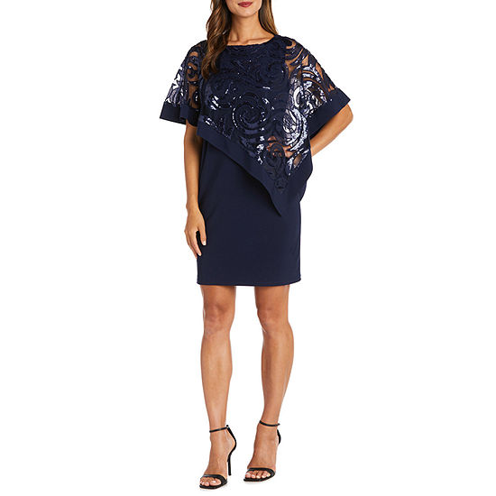 R & M Richards Short Sleeve Sequin Popover Sheath Dress, Color: Navy
