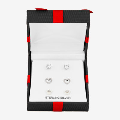 Diamonart Womens Cubic Zirconia Sterling Silver Heart 3 Pair Earring Set