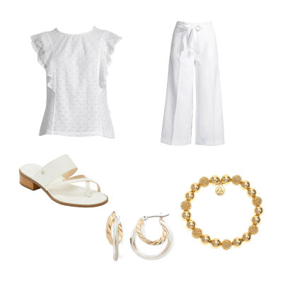 Liz Claiborne Flutter Eyelet Top, Paperbag-Waist Crop Pants & Sandals