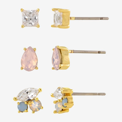 Sparkle Allure Cluster Womens Pink Crystal 14K Gold Over Brass 3 Pair Earring Set