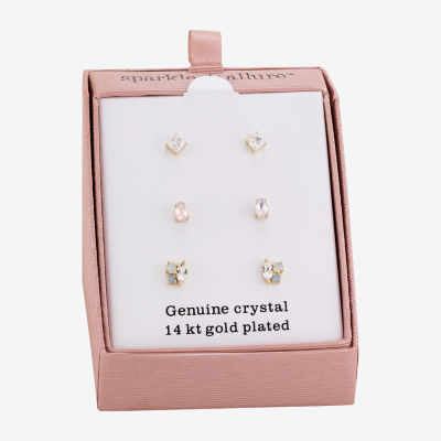 Sparkle Allure Cluster Womens Pink Crystal 14K Gold Over Brass 3 Pair Earring Set