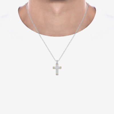 Mens 1/ CT. T.W. Natural White Diamond 14K Gold Over Silver Cross Pendant Necklace