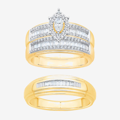 Womens 3/4 CT. T.W. Natural White Diamond 10K Two Tone Gold Marquise Side Stone Halo Bridal Set