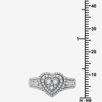 Womens 1/2 CT. T.W. Lab Grown White Diamond Sterling Silver Heart Halo Side Stone Cocktail Ring