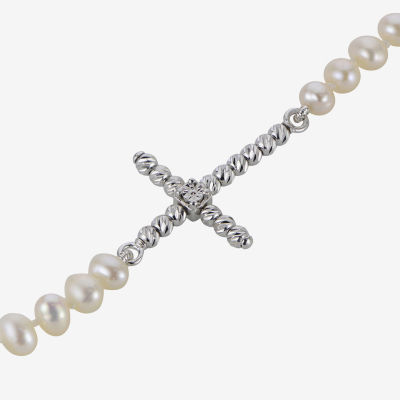 Cultured Freshwater Pearl Sparkle Bead Sideways Cross Bracelet 