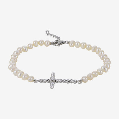 Cultured Freshwater Pearl Sparkle Bead Sideways Cross Bracelet 