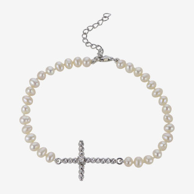 Cultured Freshwater Pearl Sparkle Bead Sideways Cross Bracelet 