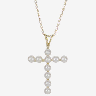 Womens White Cultured Freshwater Pearl 10K Gold Cross Pendant Necklace