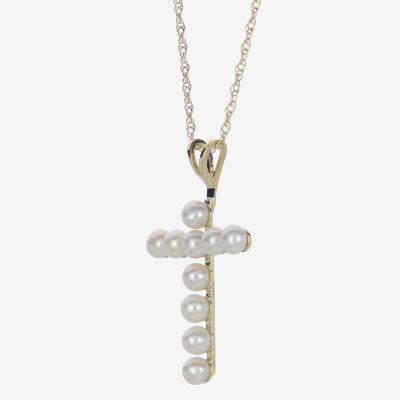 Womens White Cultured Freshwater Pearl 10K Gold Cross Pendant Necklace