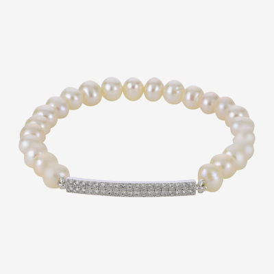 Cultured Freshwater Pearl & Crystal Bar Stretch Bracelet