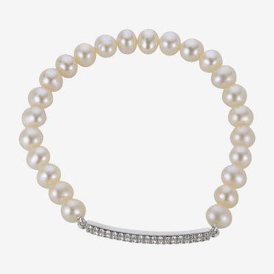 Cultured Freshwater Pearl & Crystal Bar Stretch Bracelet