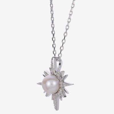 North Star Womens White Cultured Freshwater Pearl Sterling Silver Star Pendant Necklace