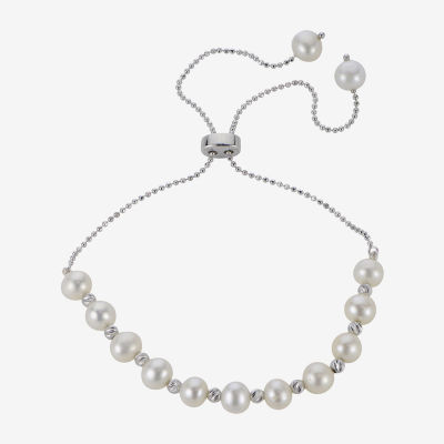Womens White Cultured Freshwater Pearl Sterling Silver Bolo Bracelet