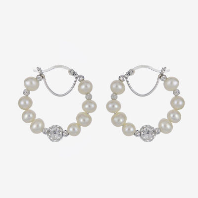 White Cultured Freshwater Pearl Sterling Silver 25mm Hoop Earrings