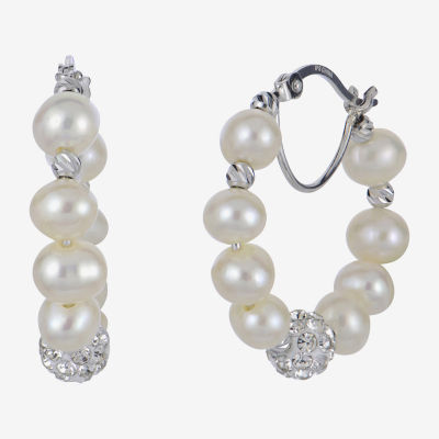 White Cultured Freshwater Pearl Sterling Silver 25mm Hoop Earrings