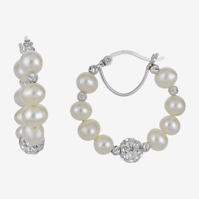 White Cultured Freshwater Pearl Sterling Silver 25mm Hoop Earrings