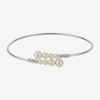 White Cultured Freshwater Pearl Sterling Silver Bangle Bracelet