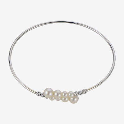 White Cultured Freshwater Pearl Sterling Silver Bangle Bracelet