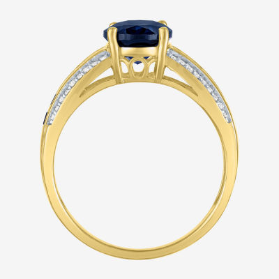 Womens Diamond Accent Lab Created Blue Sapphire 10K Gold Side Stone Cocktail Ring