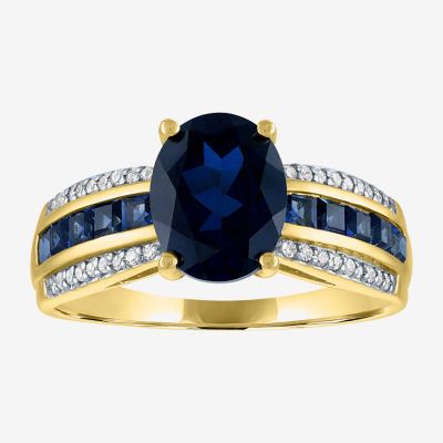 Womens Diamond Accent Lab Created Blue Sapphire 10K Gold Side Stone Cocktail Ring