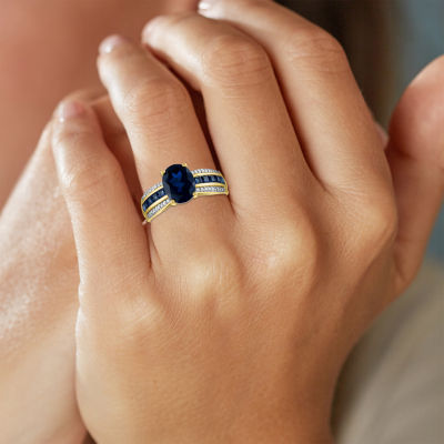 Womens Diamond Accent Lab Created Blue Sapphire 10K Gold Side Stone Cocktail Ring