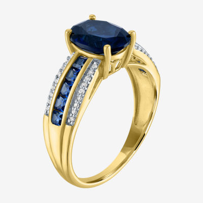 Womens Diamond Accent Lab Created Blue Sapphire 10K Gold Side Stone Cocktail Ring