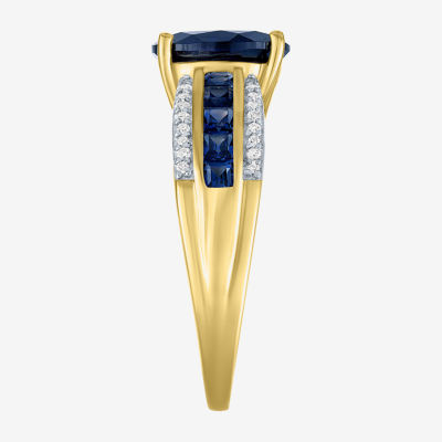 Womens Diamond Accent Lab Created Blue Sapphire 10K Gold Side Stone Cocktail Ring