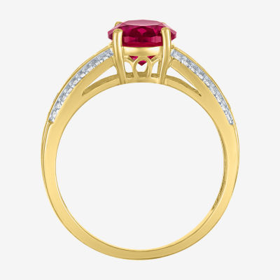 Womens Diamond Accent Lab Created Red Ruby 10K Gold Side Stone Cocktail Ring