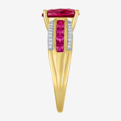 Womens Diamond Accent Lab Created Red Ruby 10K Gold Side Stone Cocktail Ring