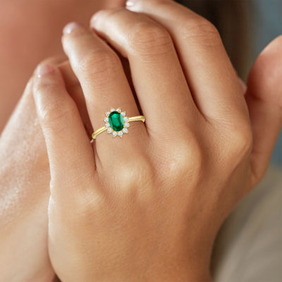 Womens 1/4 CT. T.W. Lab Created Green Emerald 10K Gold Halo Cocktail Ring