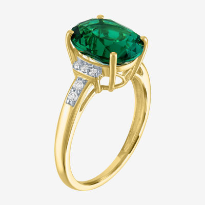Womens Diamond Accent Lab Created Green Emerald 10K Gold Side Stone Cocktail Ring