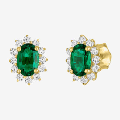 Diamond Accent Lab Created Green Emerald 10K Gold 9.7mm Oval Stud Earrings