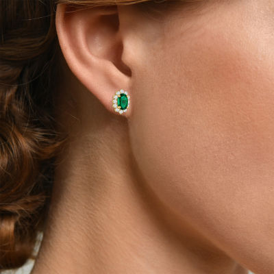 Diamond Accent Lab Created Green Emerald 10K Gold 9.7mm Oval Stud Earrings