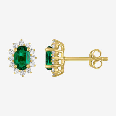 Diamond Accent Lab Created Green Emerald 10K Gold 9.7mm Oval Stud Earrings