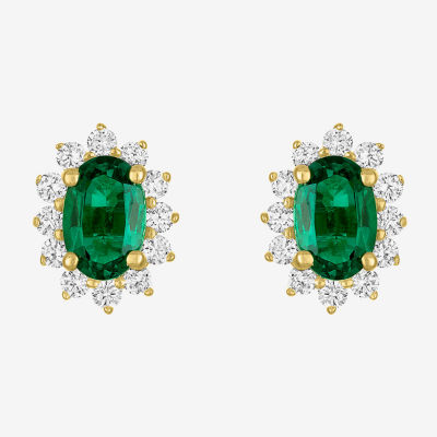 Diamond Accent Lab Created Green Emerald 10K Gold 9.7mm Oval Stud Earrings