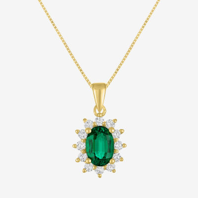 Womens Diamond Accent Lab Created Green Emerald 10K Gold Pear Pendant Necklace